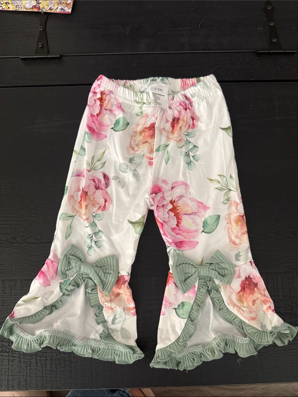 Girls Floral Ruffle Pants with Green Bow Accents